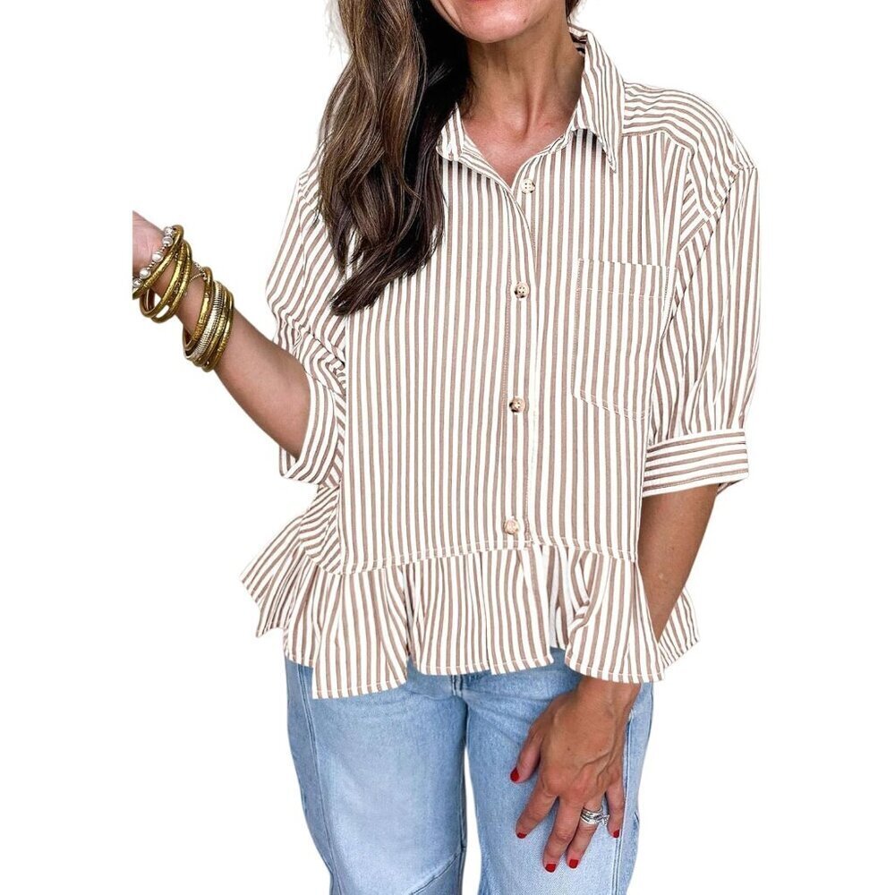 Women's Striped Peplum Top Cotton Spandex 3/4 Sleeve Button Down Casual Wear